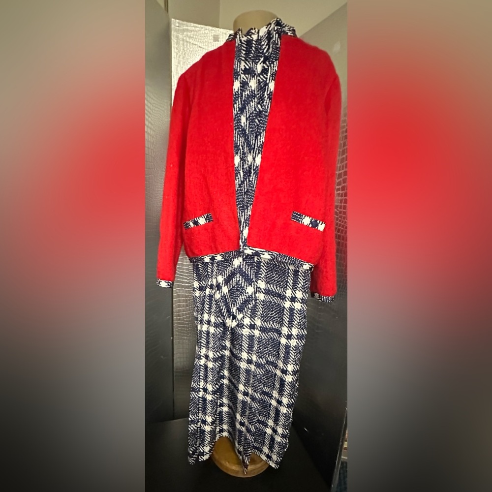 Ruth Chagnon Vintage Blue White Patterned Dress with Red Jacket 70s Cottage Core